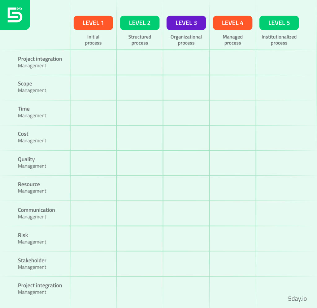 A project management maturity graph along with its 10 key components