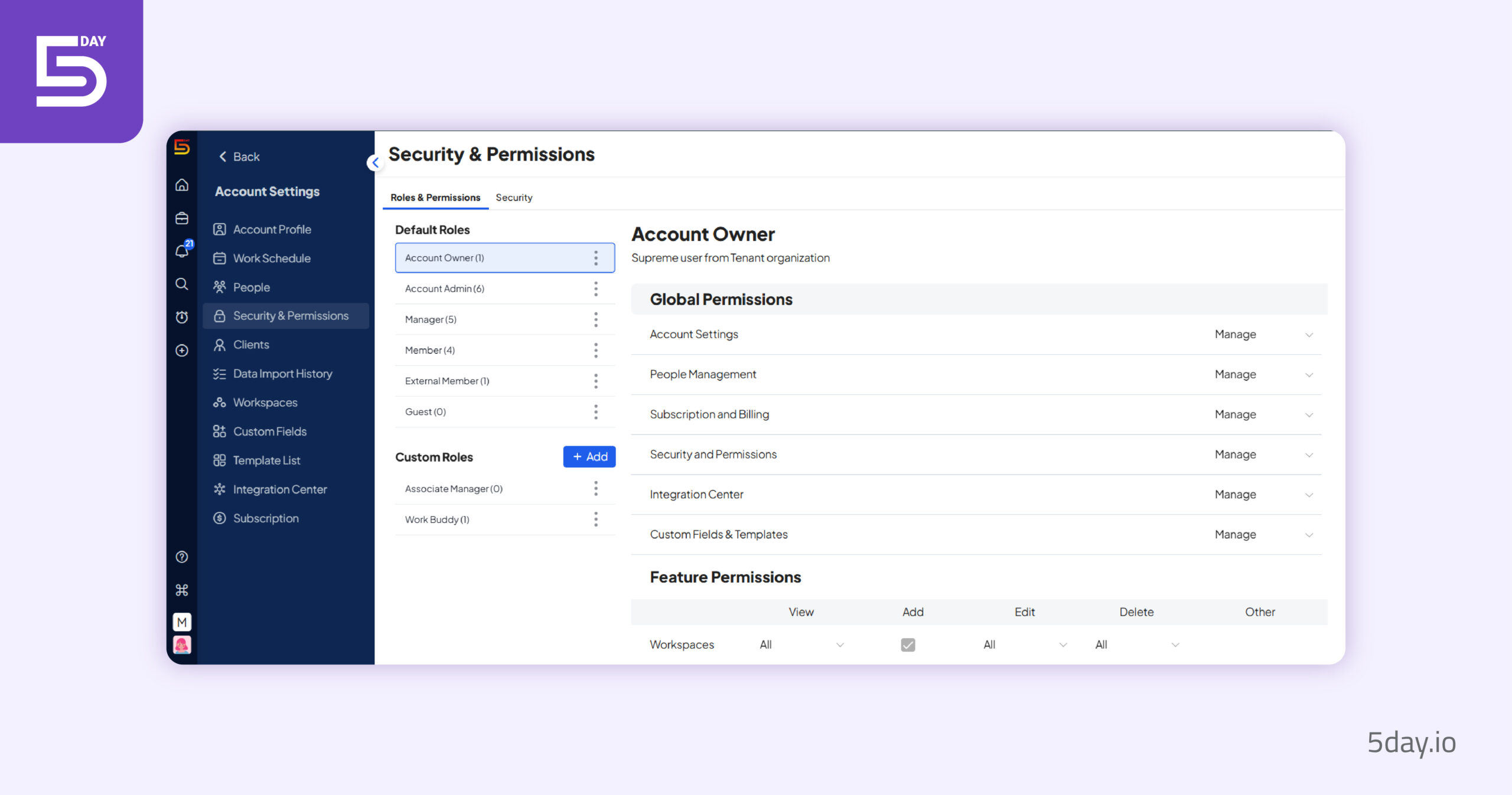 Custom roles and permission screen in 5day.io