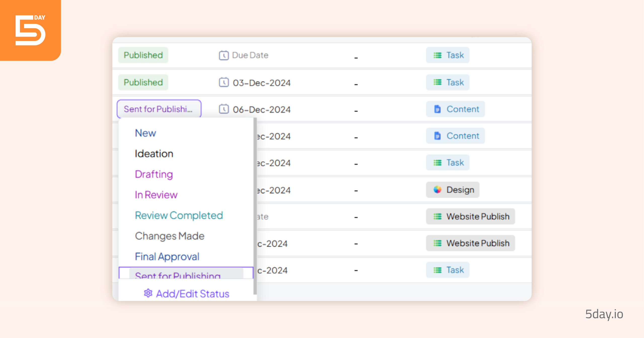 Product screenshot of custom status workflow in 5day.io