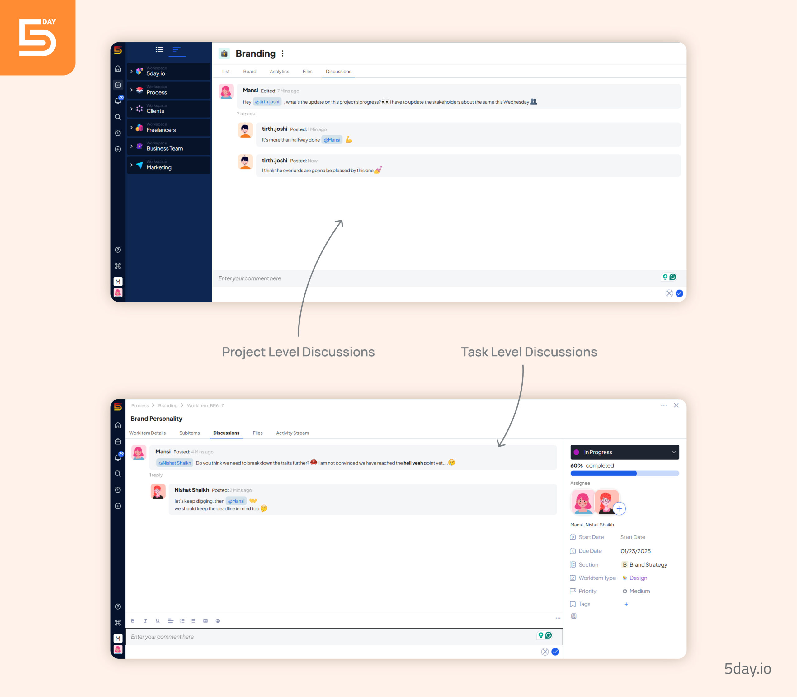 Product screenshot of project and task discussions in 5day.io