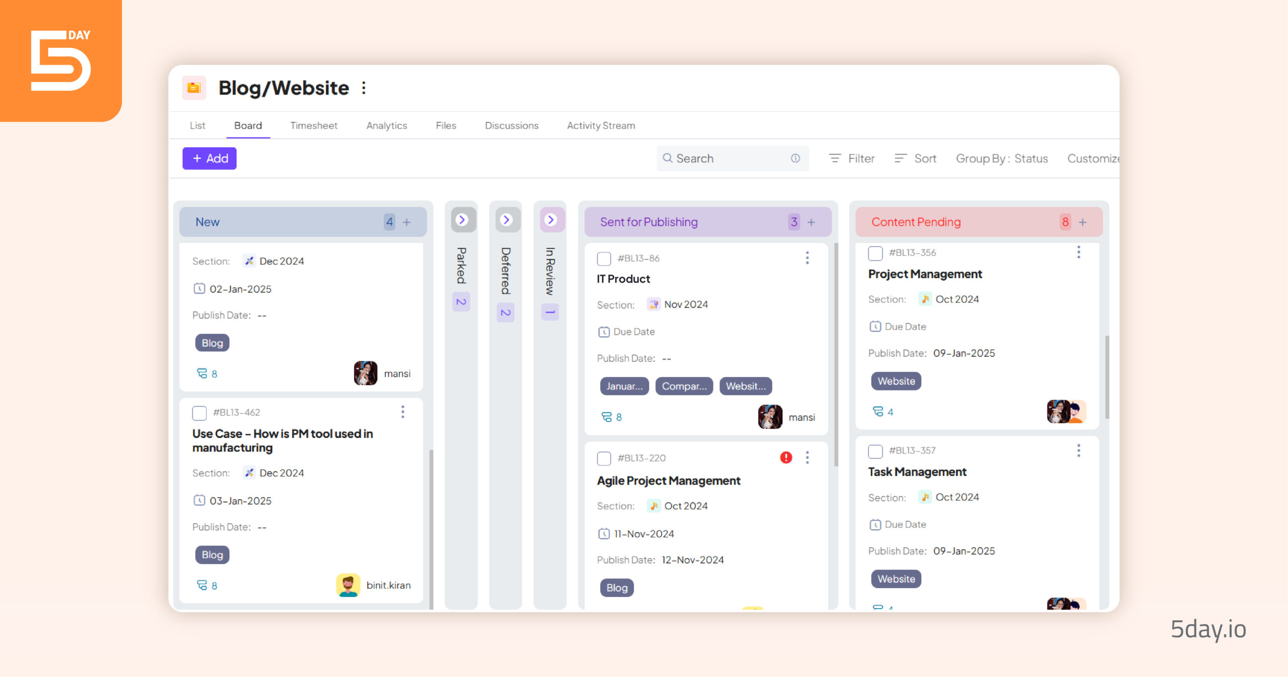 Product screenshot of Kanban Board in 5day.io