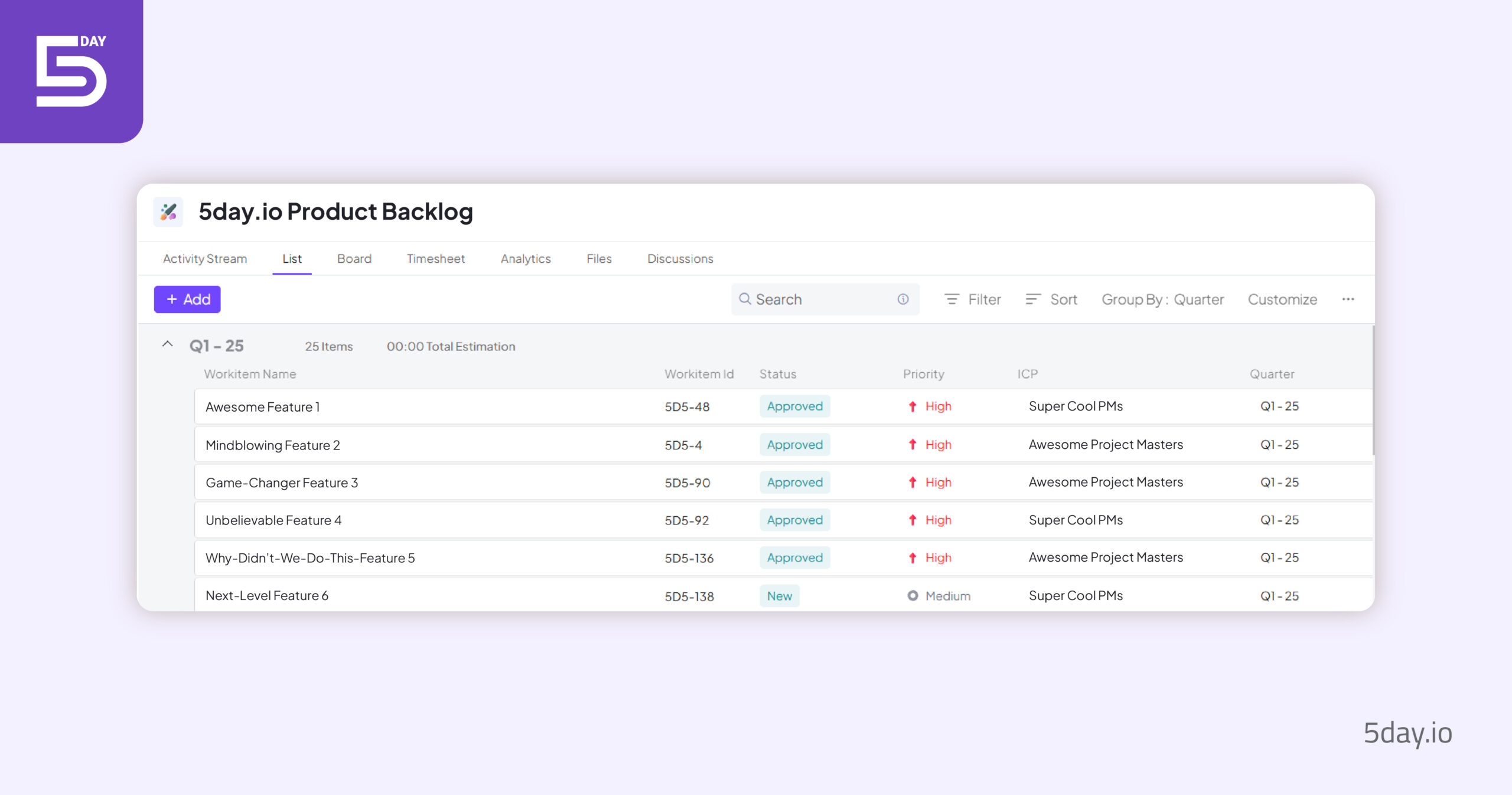 Screenshot of product backlog project in 5day.io