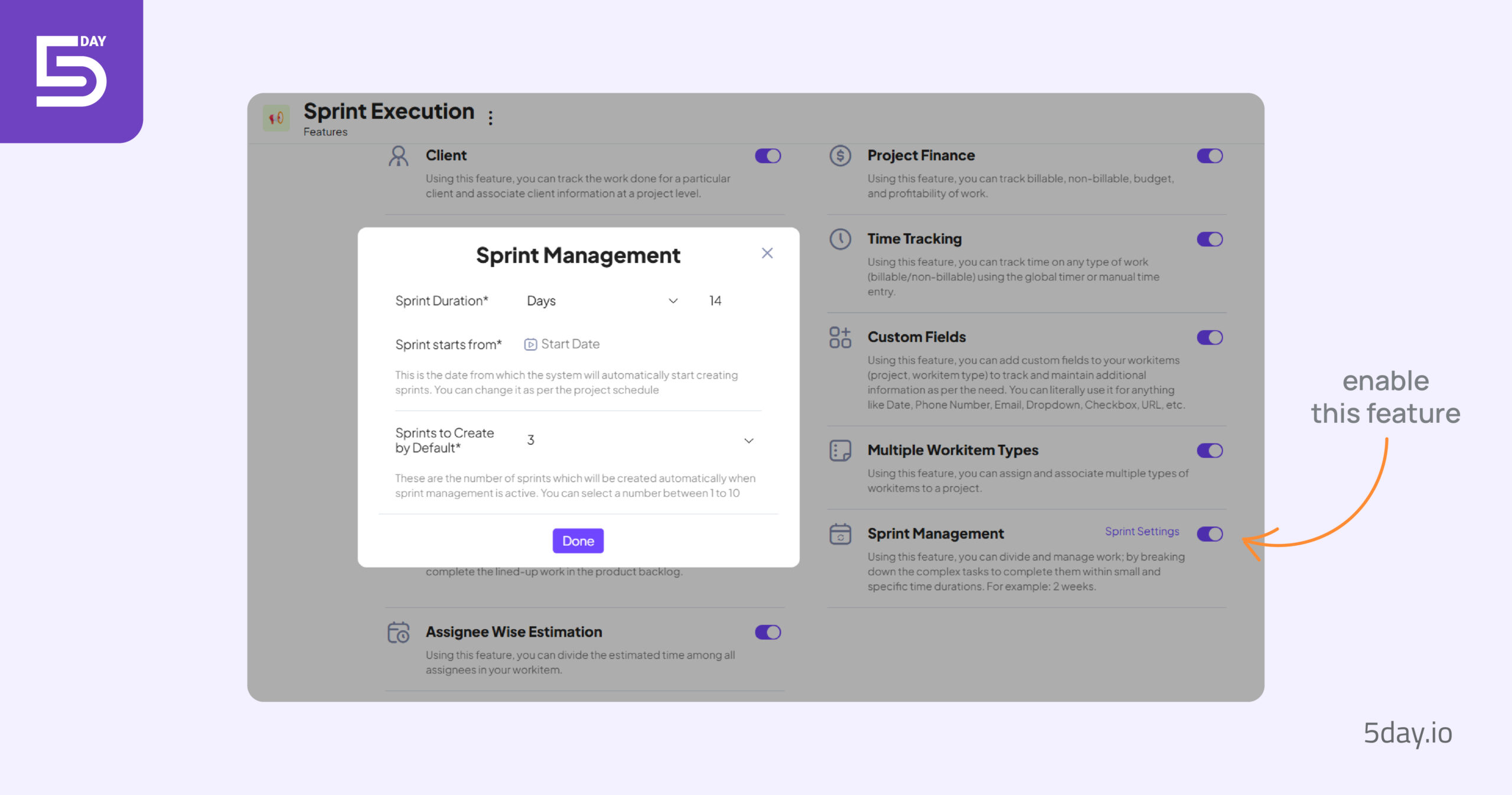 Product screenshot of sprint management in 5day.io