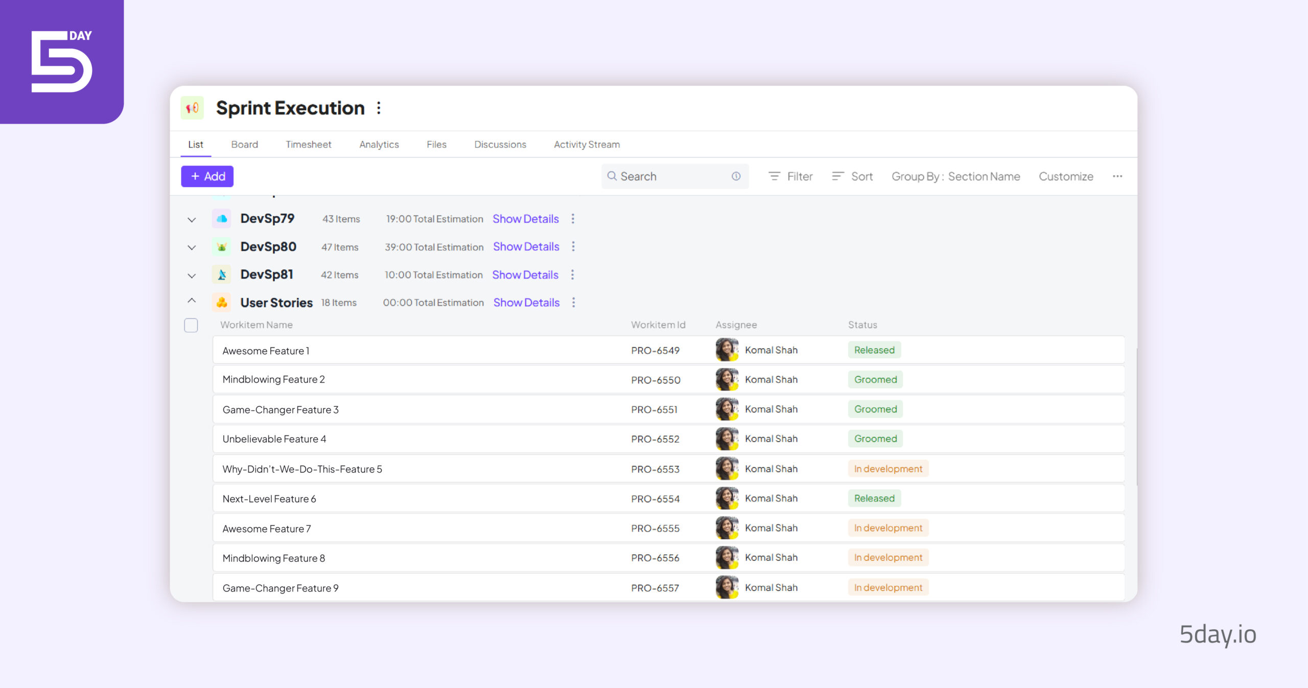 Product screenshot of user story management in 5day.io