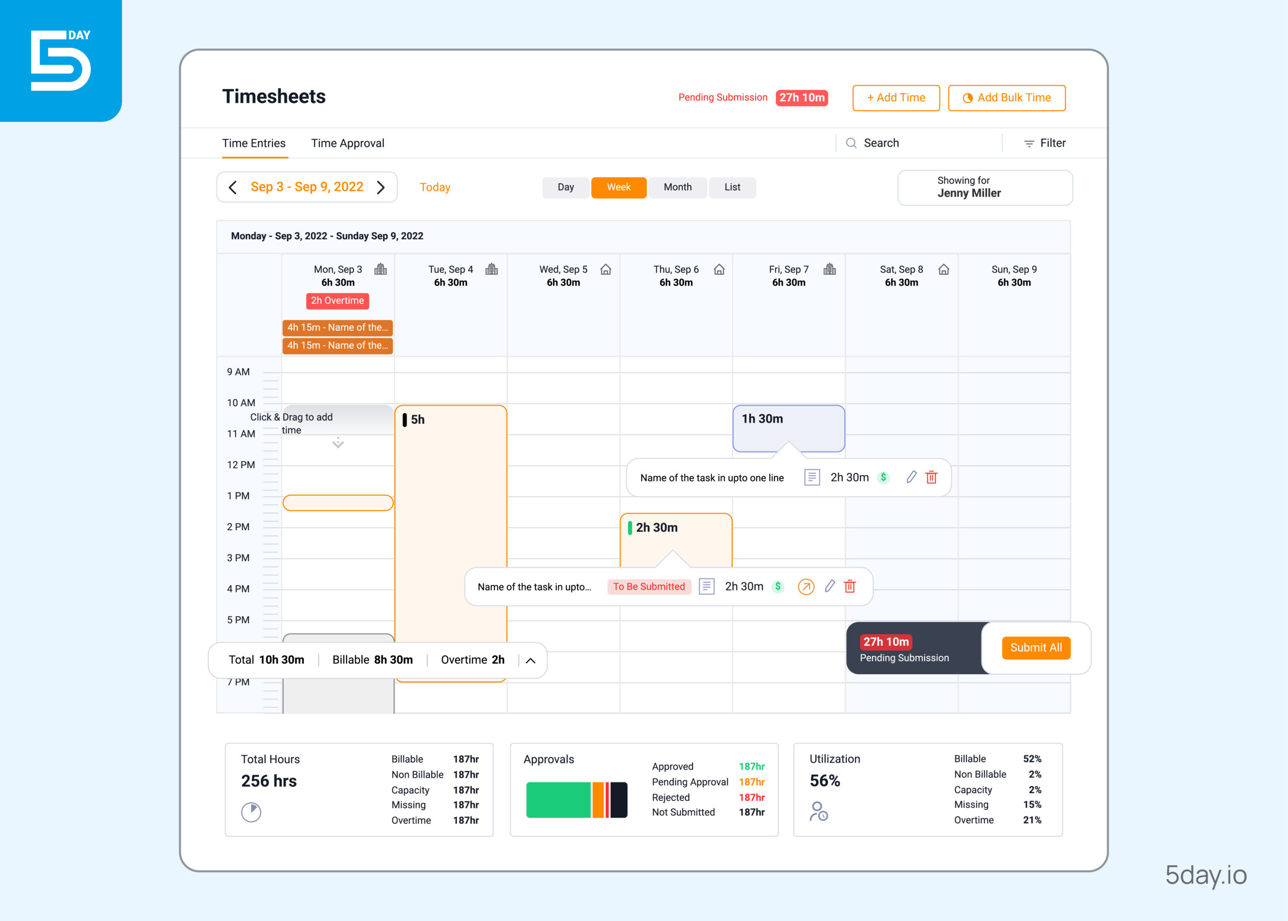 Timesheet interface in 5day.io with time entries