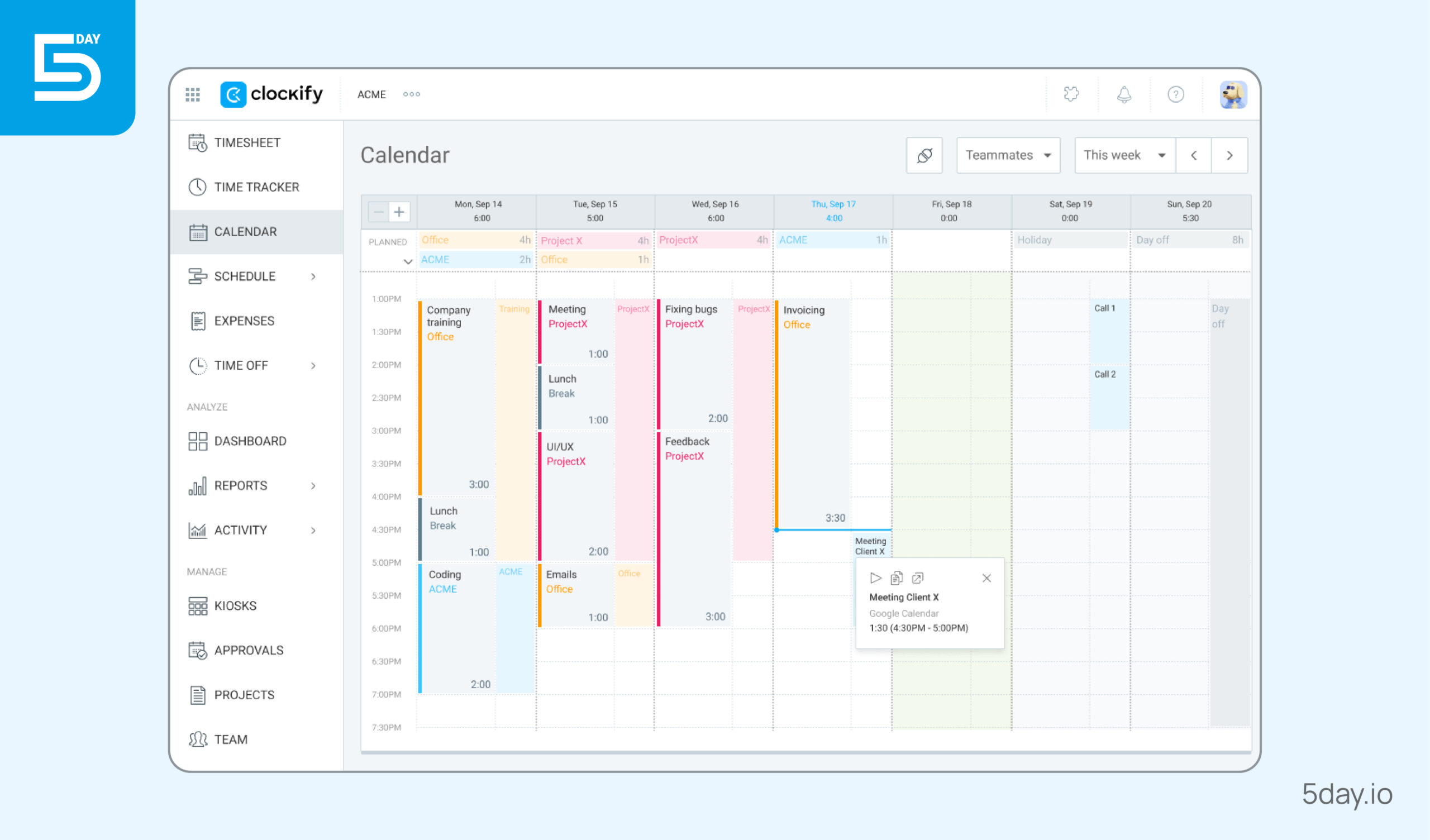 Timesheet interface in Clockify with time entries