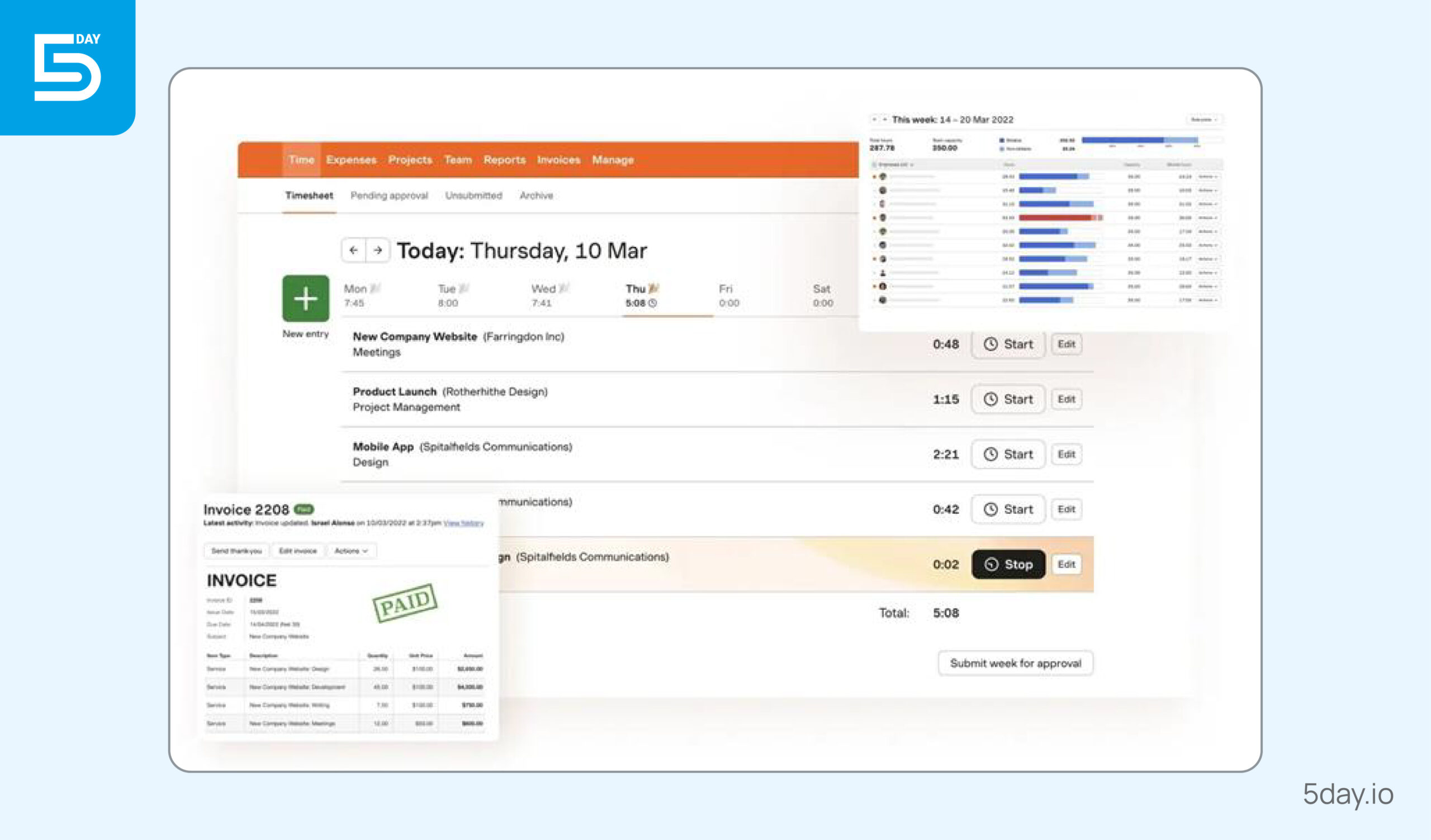 Timesheet interface in Harvest with time entries