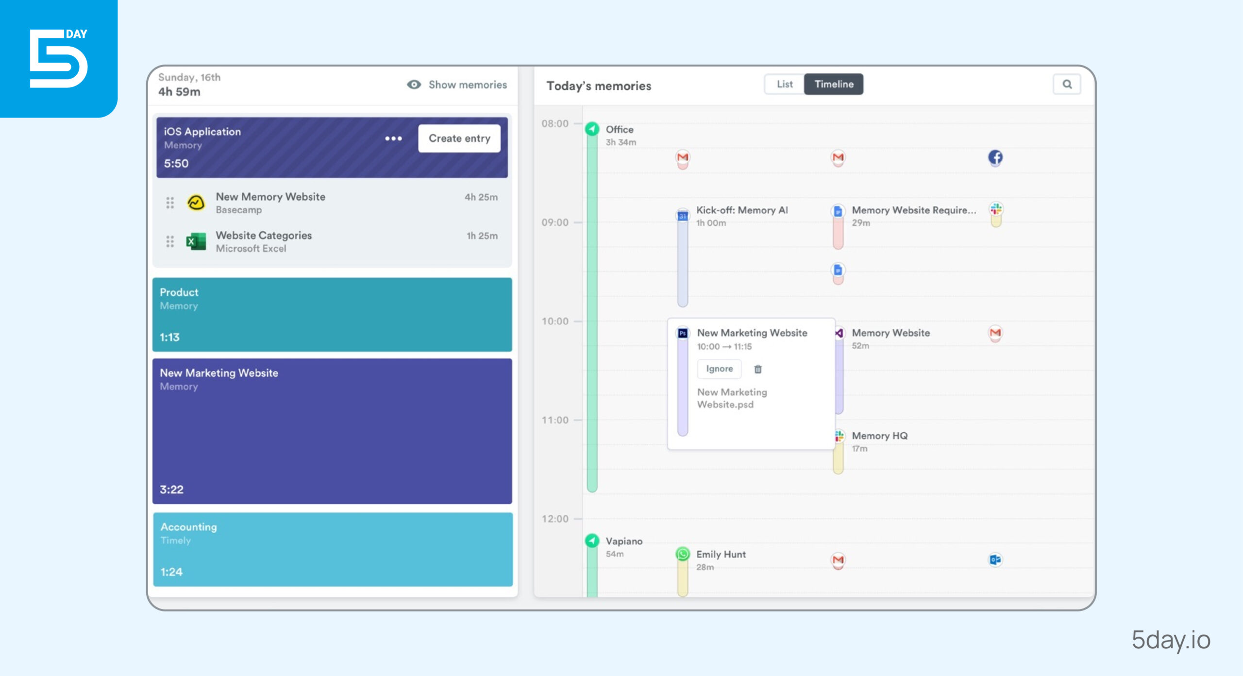 Timesheet interface in Timely with time entries