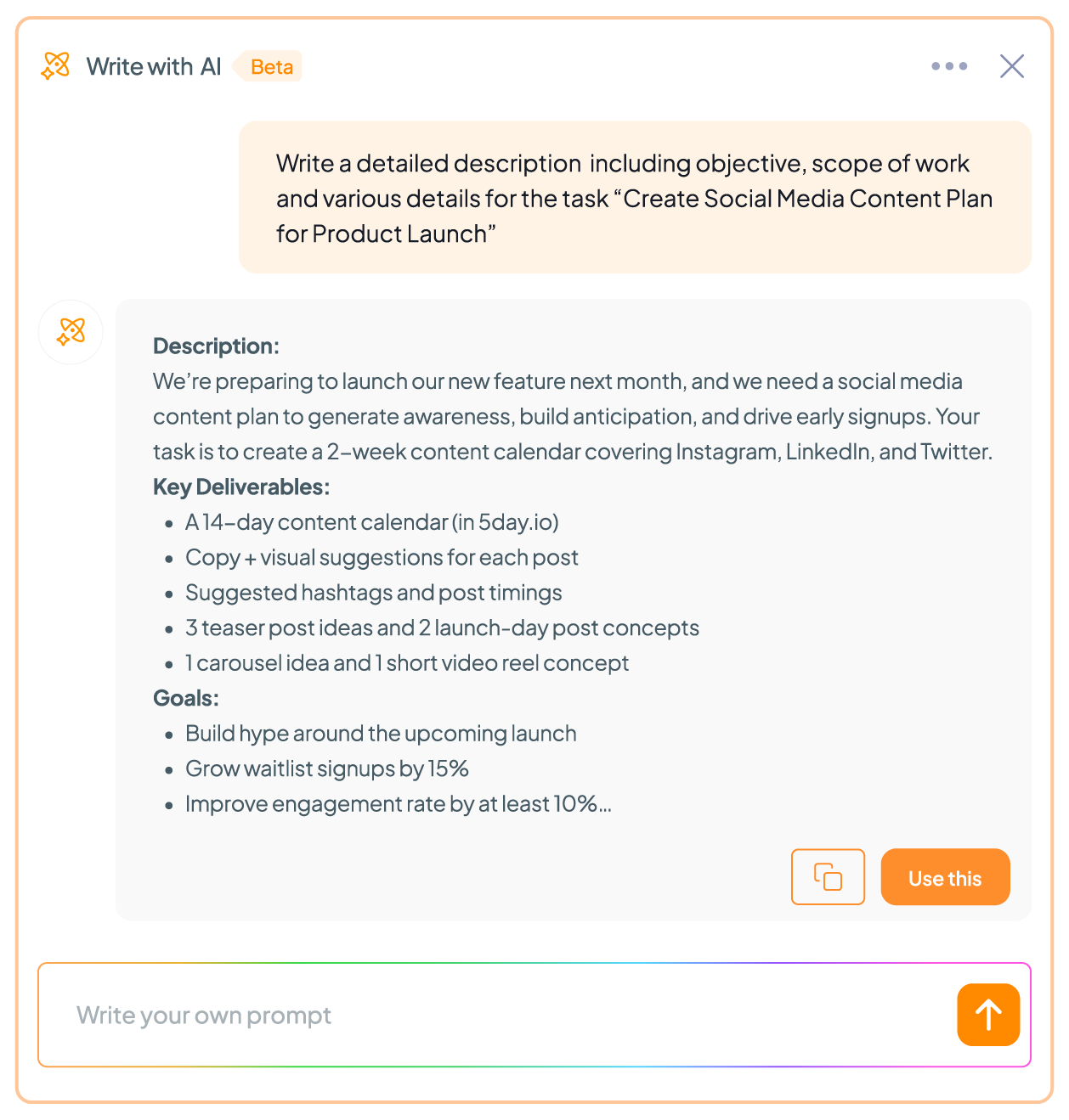 Write with AI screen of 5day.io