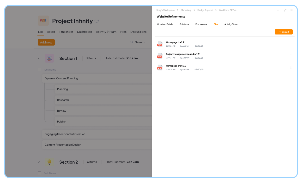 File sharing and document management in 5day.io