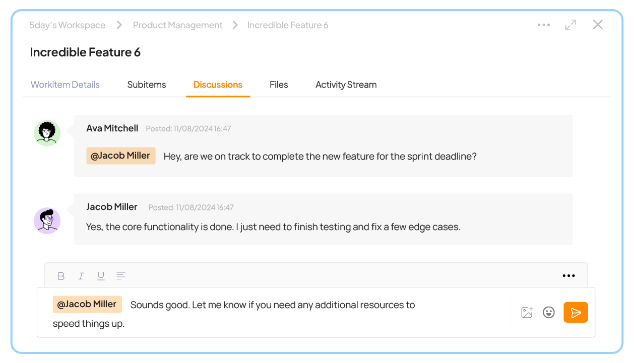 Team communication feature in 5day.io