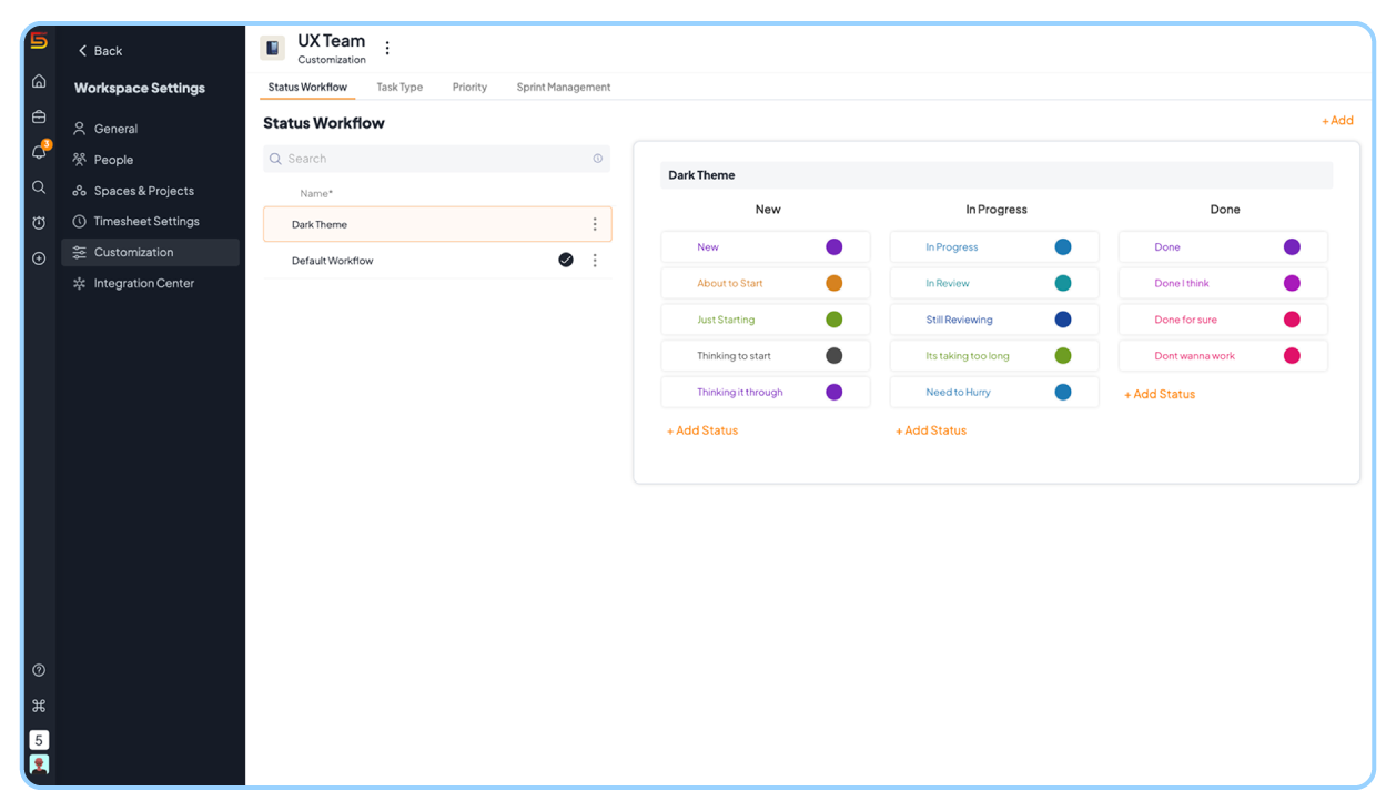custom status workflow feature in 5day.io