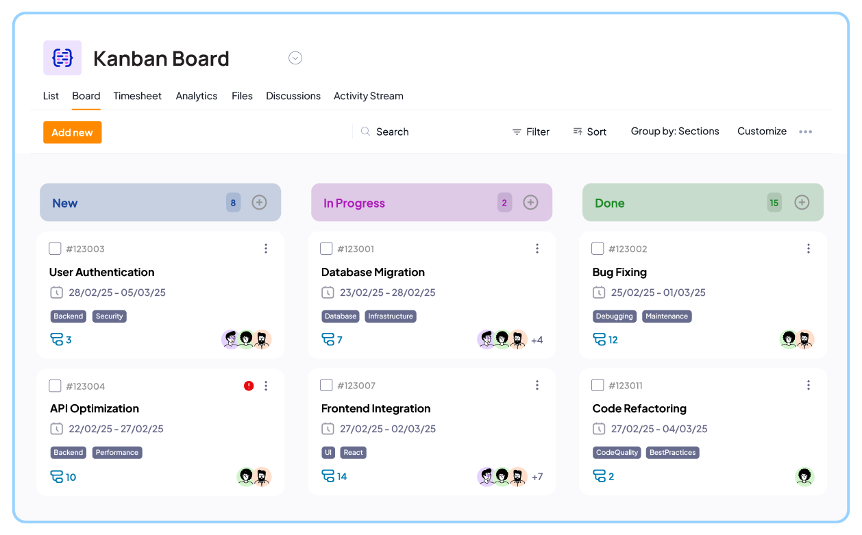 Kanban view in 5day.io