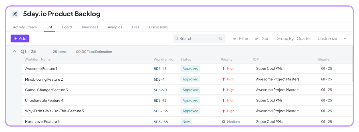 5day.io product backlog view