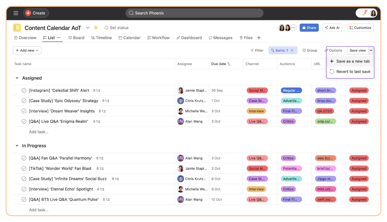 Project view in Asana