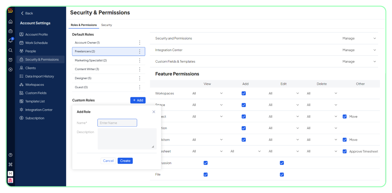 Roles and Permissions module in 5day.io