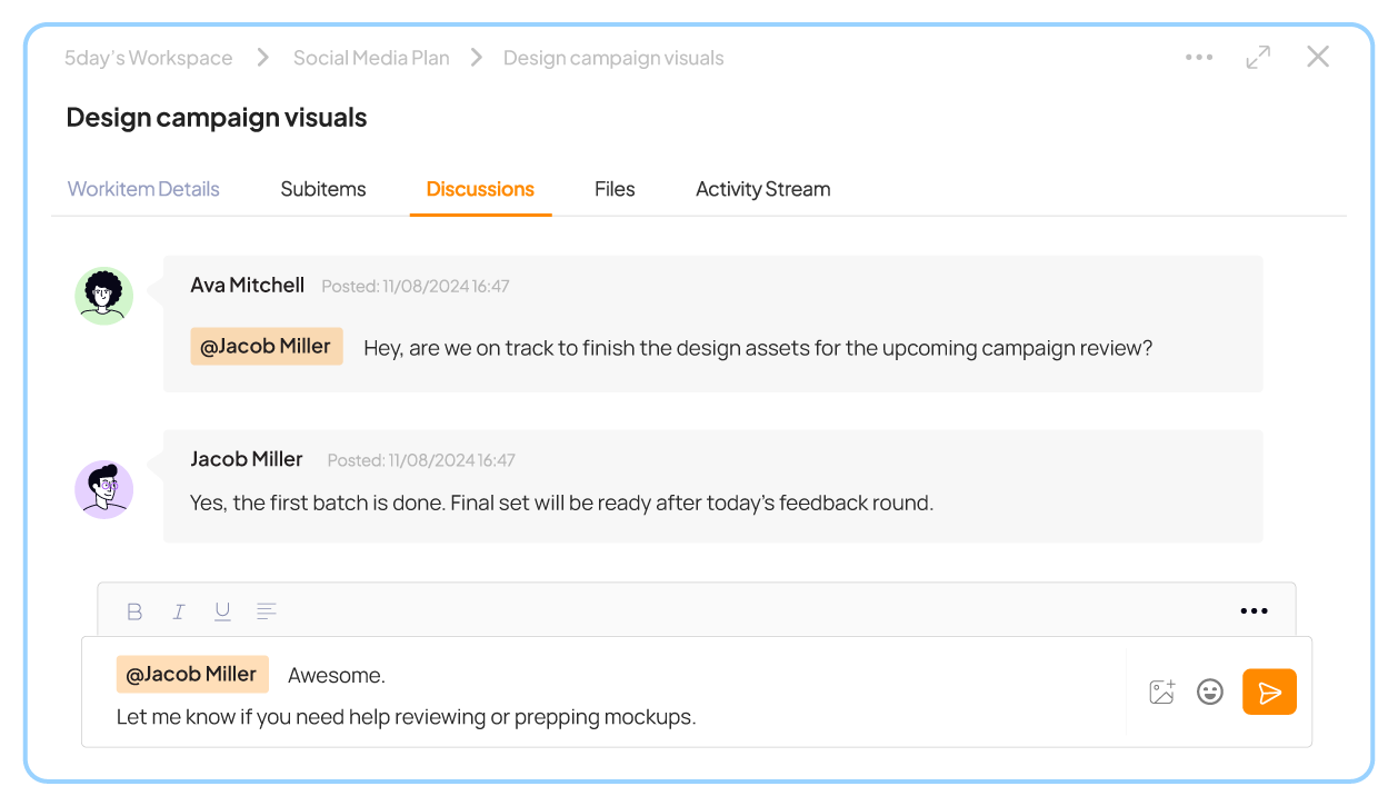 Approval tagging and comment threads in 5day.io