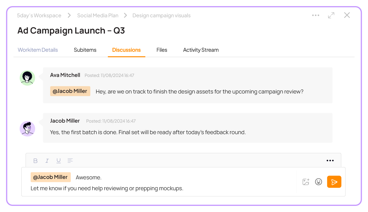 Collaboration and discussion view from 5day.io
