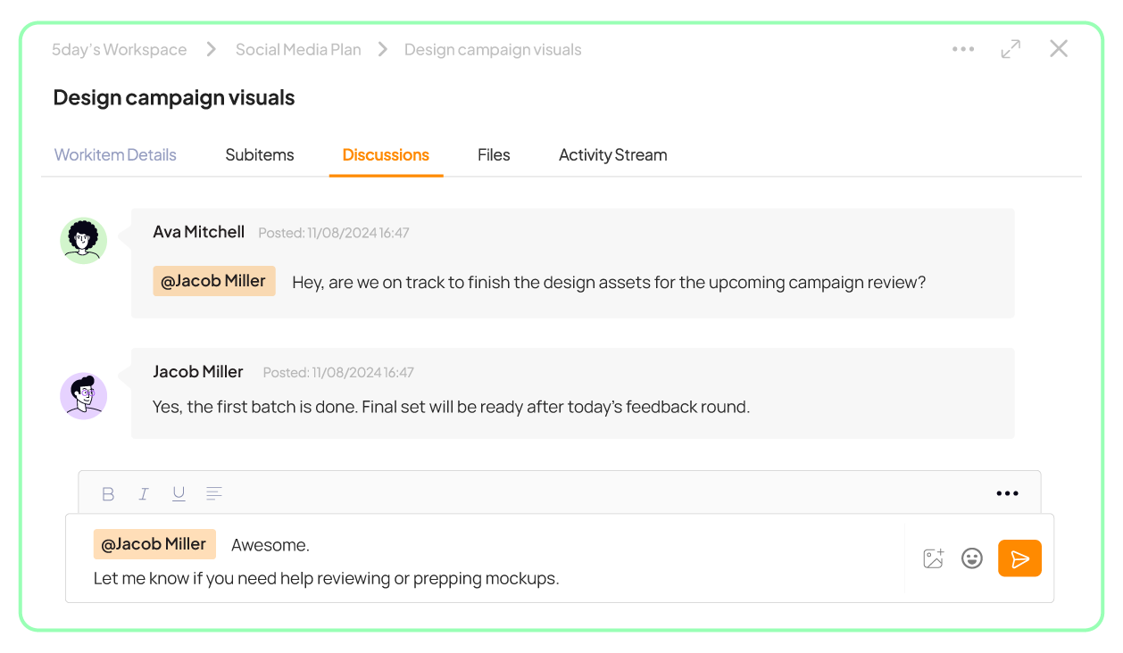 Discussion and tagging feature of 5day.io