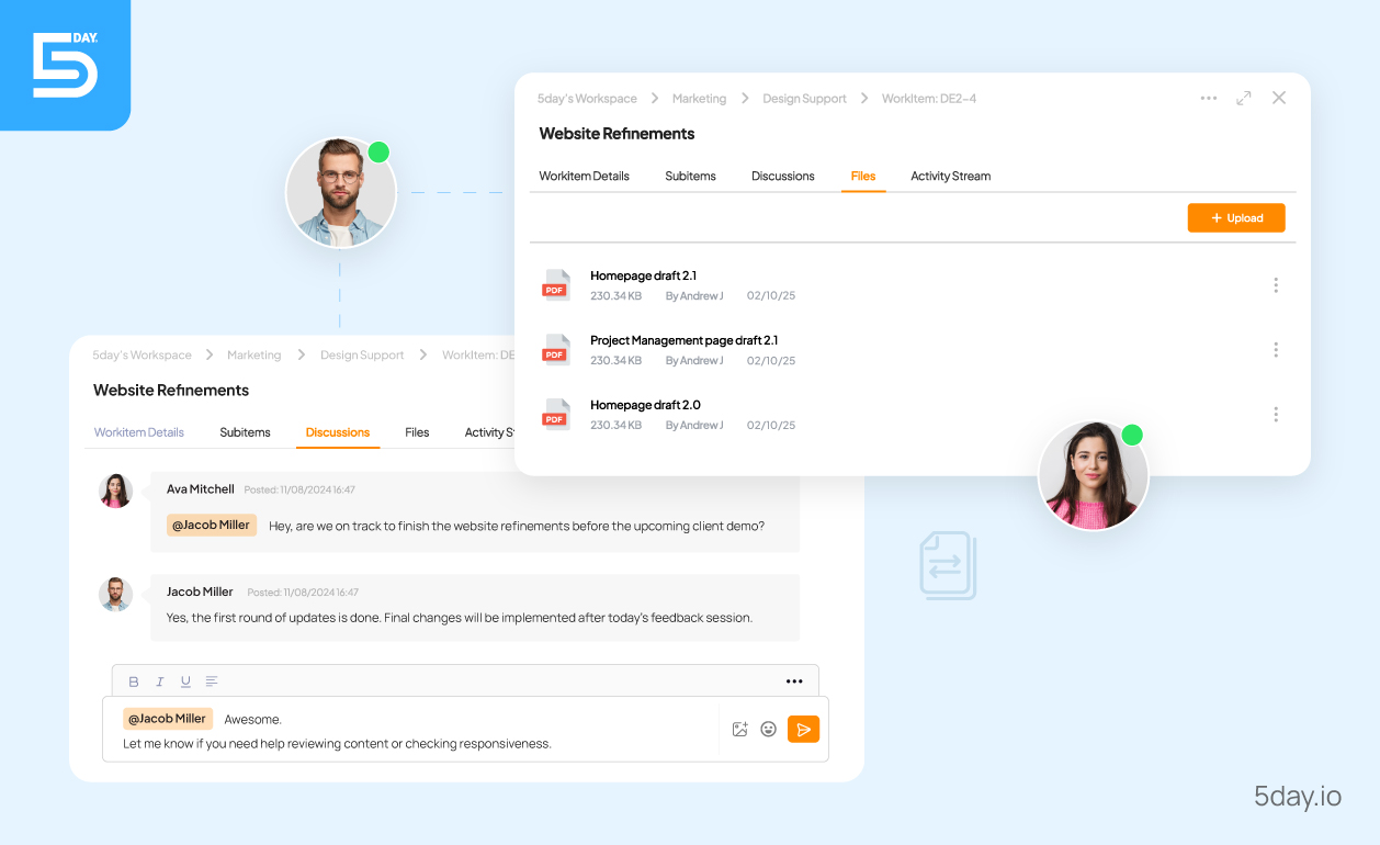 File sharing and discussion in 5day.io
