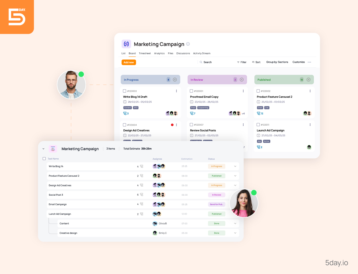 Kanban and list views in 5day.io