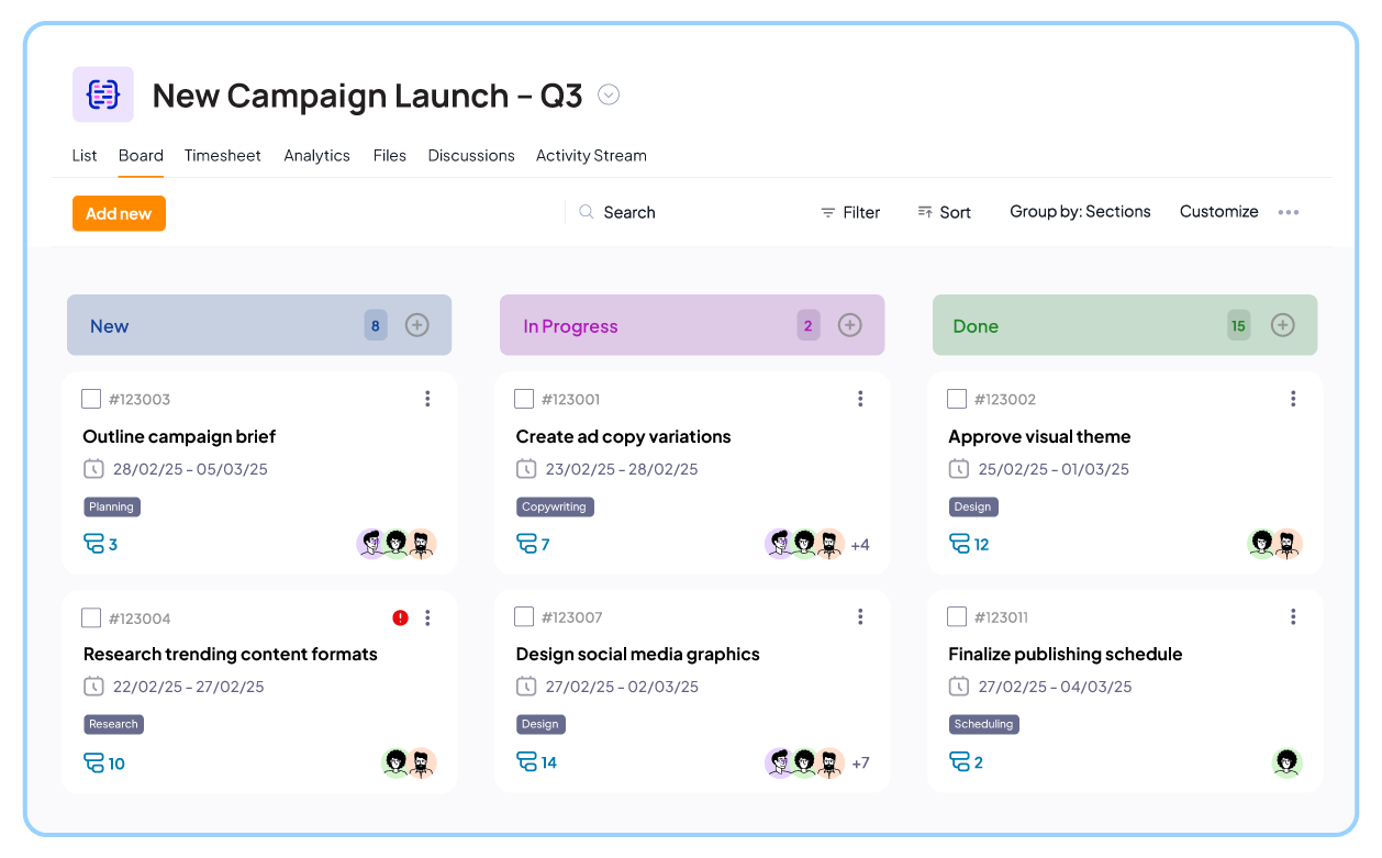 Kanban view in 5day.io