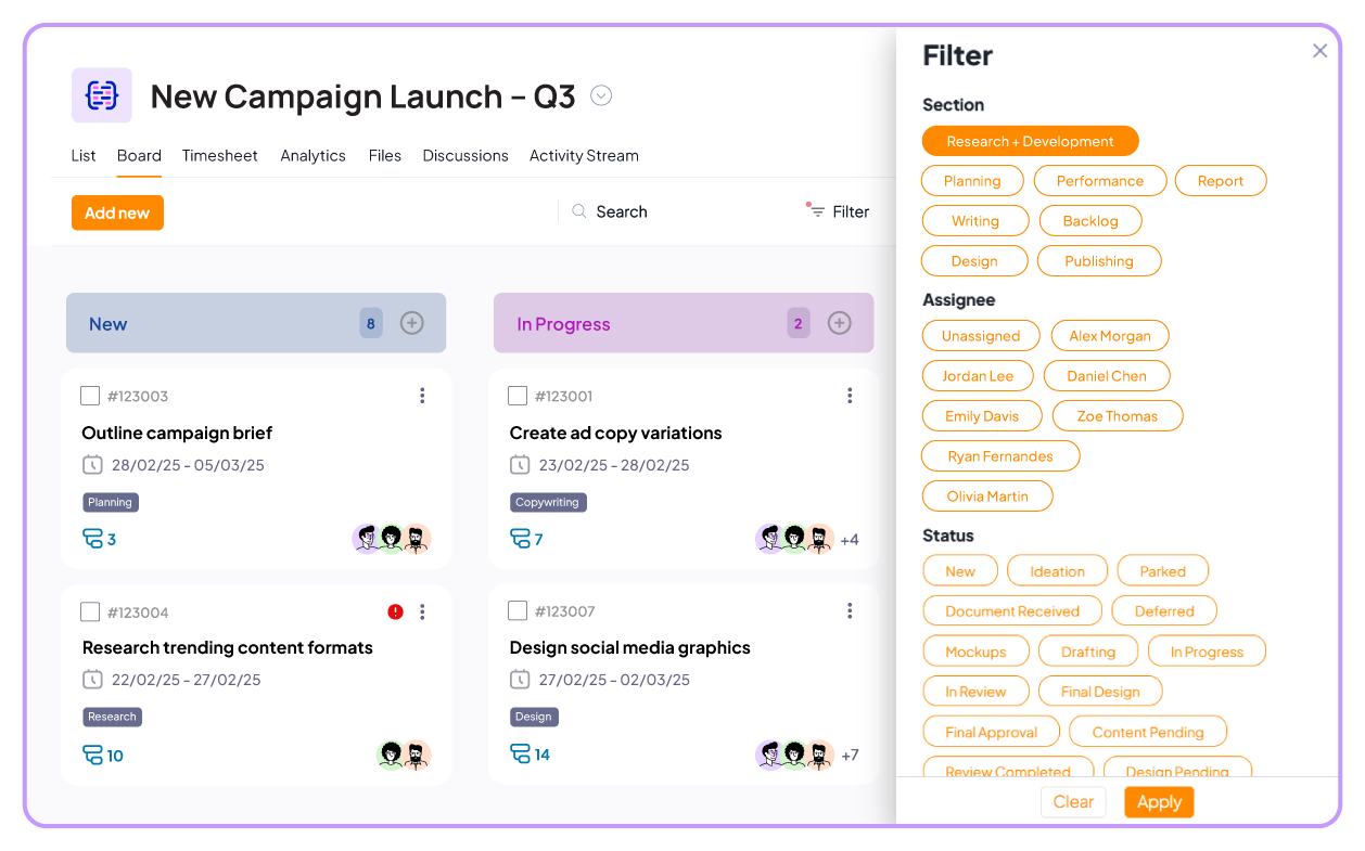 Kanban view filtered by sections