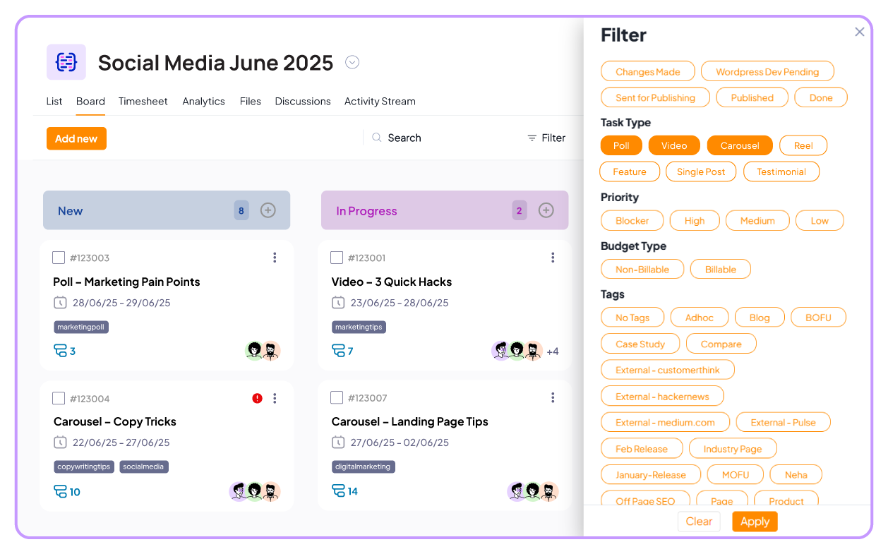 Kanban view filtered by different content types in 5day.io