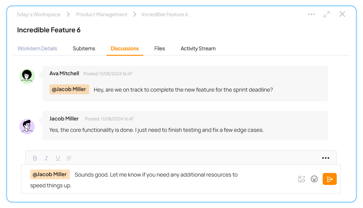 Real-time stakeholder collaboration using comments and tags in 5day.io