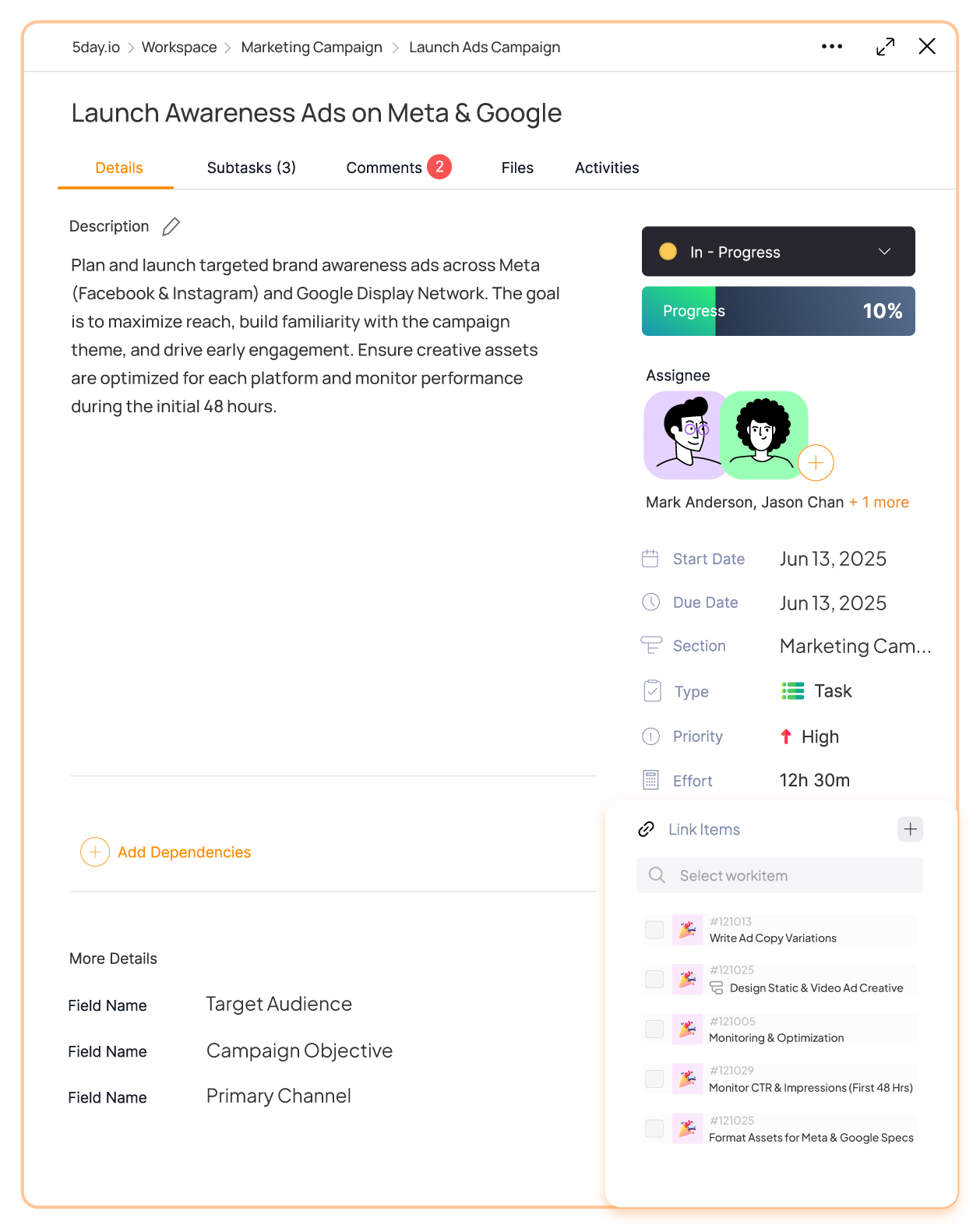 Setting tasks links in 5day.io