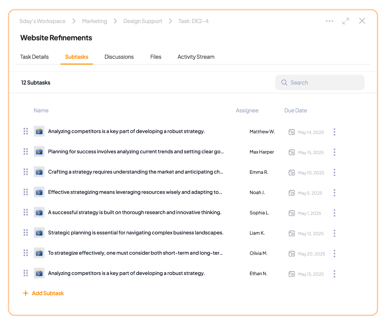 Tasks and subtasks in 5day.io