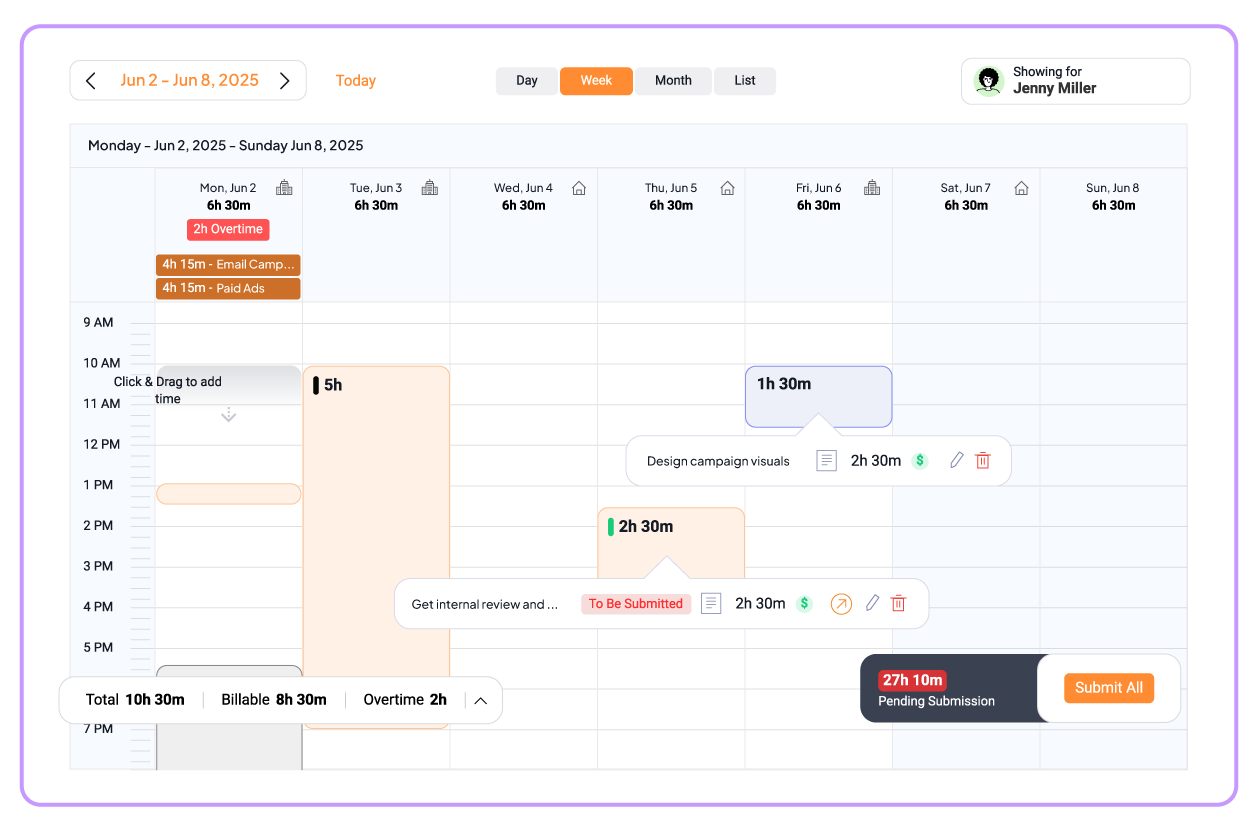 Time tracking and billable work reports in 5day.io