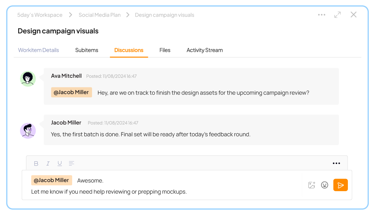 Comments, and Conversations in Discussion View of 5day.io