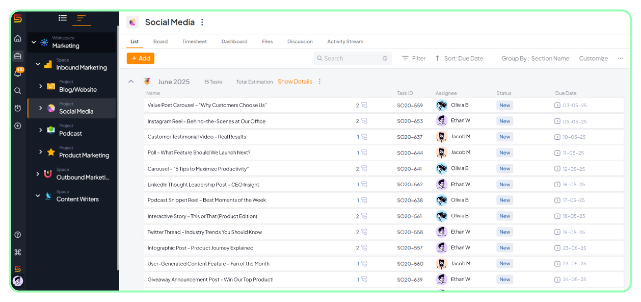 Projects and sections view in 5day.io