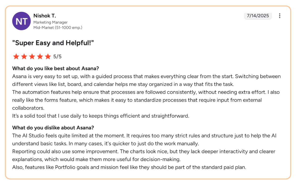 Asana review on G2