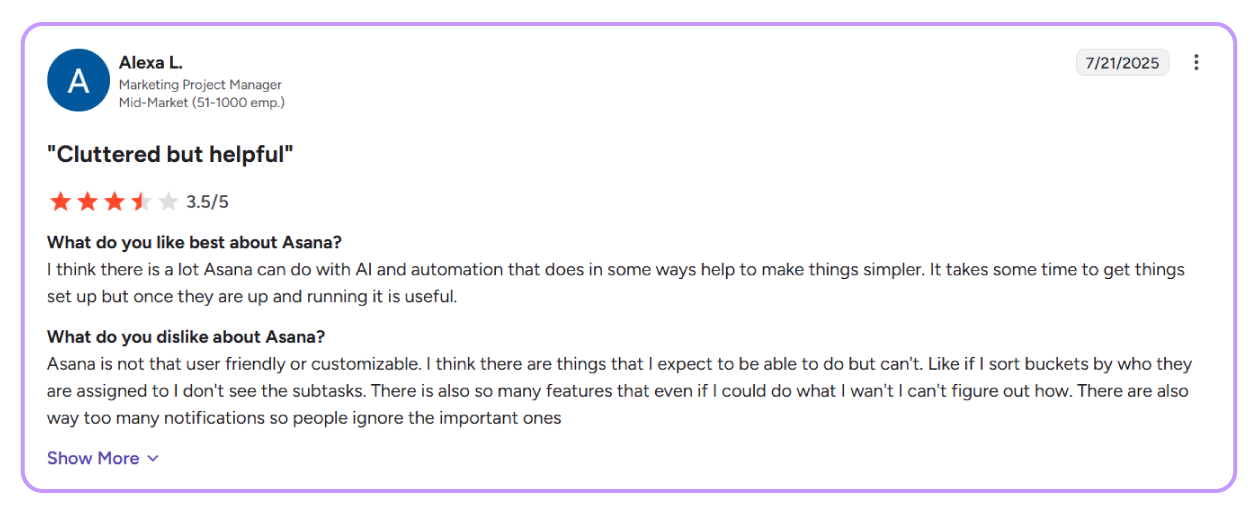  Asana's review on it being difficult to customize