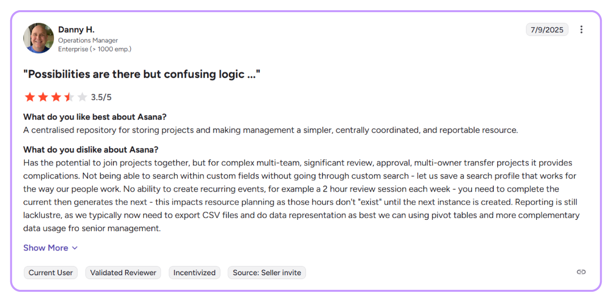 Asana's review on it being difficult to use