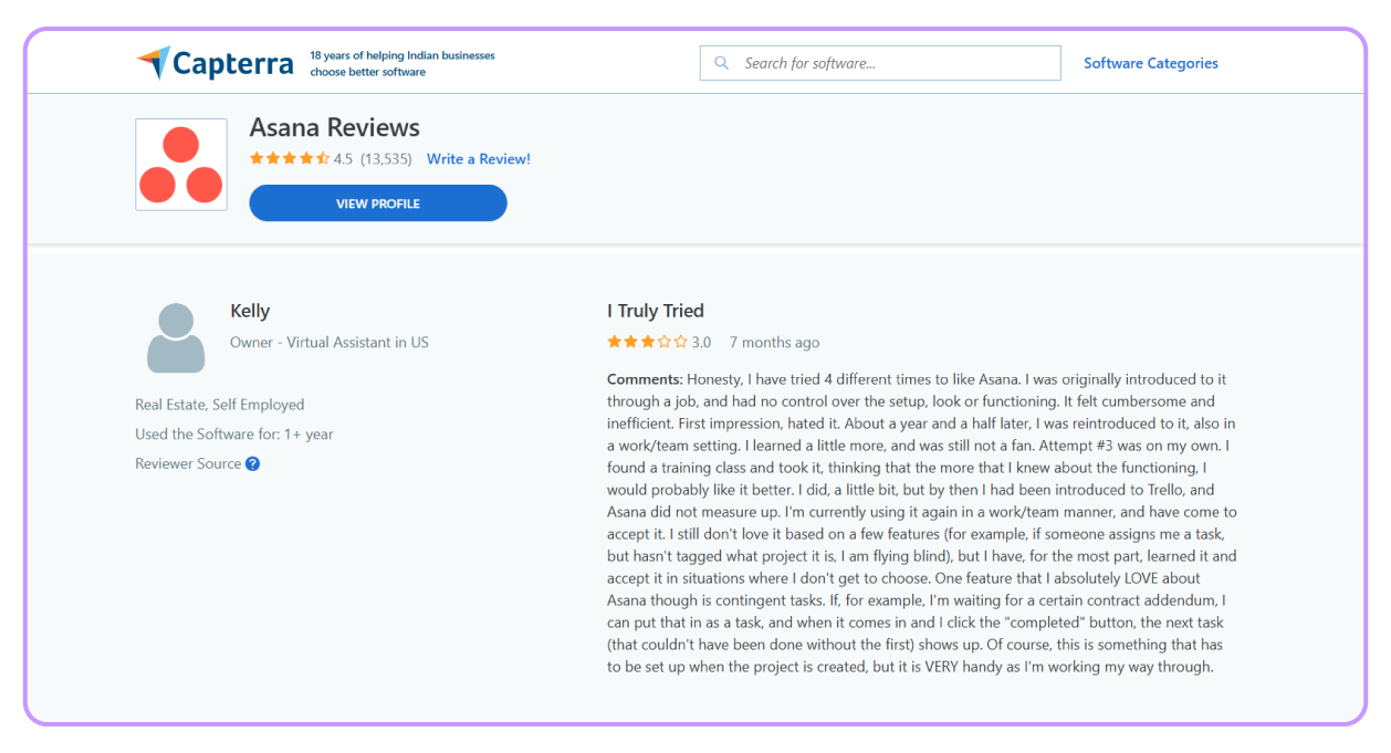 Asana's review on limited visibility on tasks and progress