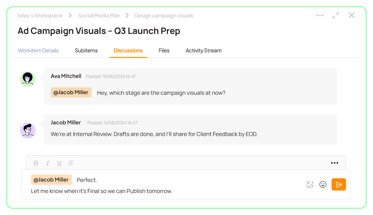 Discussions and mentions feature in 5day.io