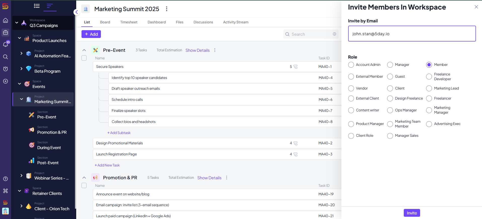 Invite teammates in 5day.io