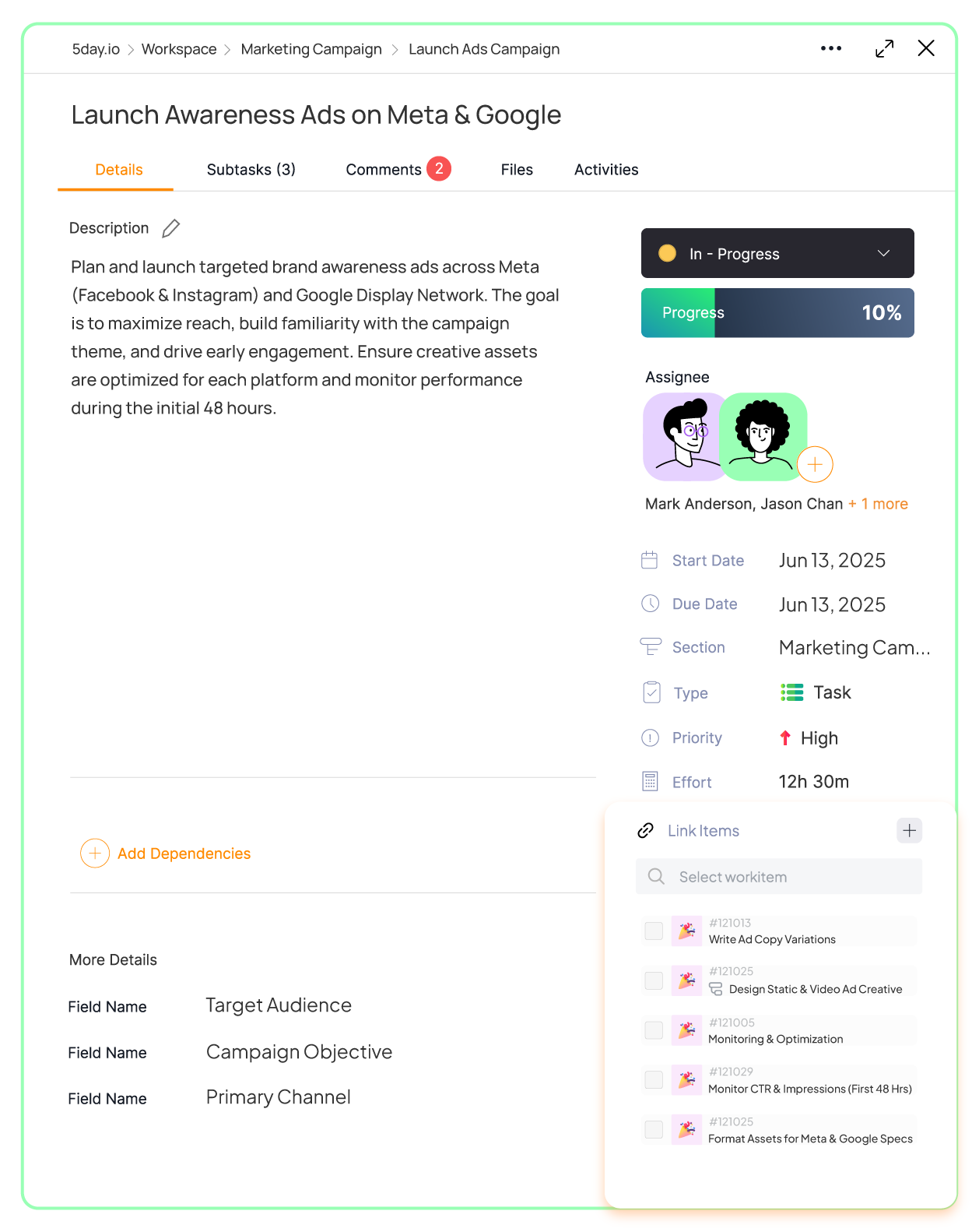 Waterfall project structuring in 5day.io