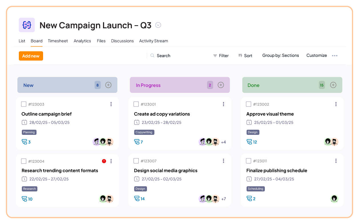 Kanban view in 5day.io