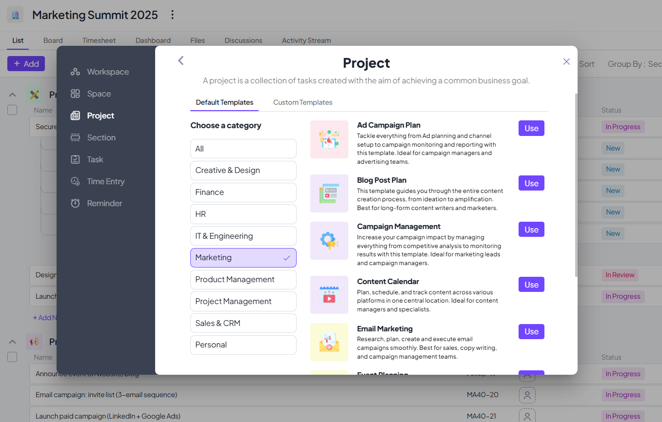 Marketing project template in 5day.io