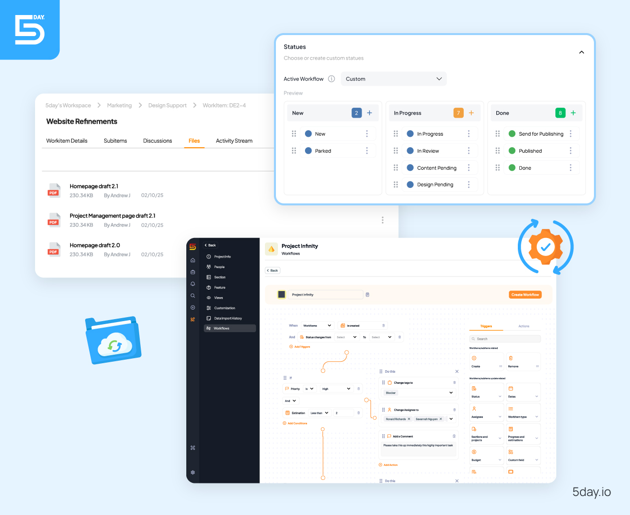 Files, custom status workflow in 5day.io