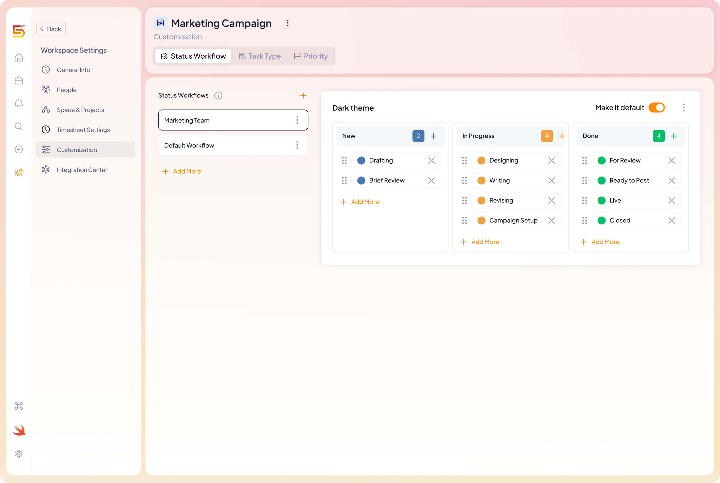 customization features in 5day.io
