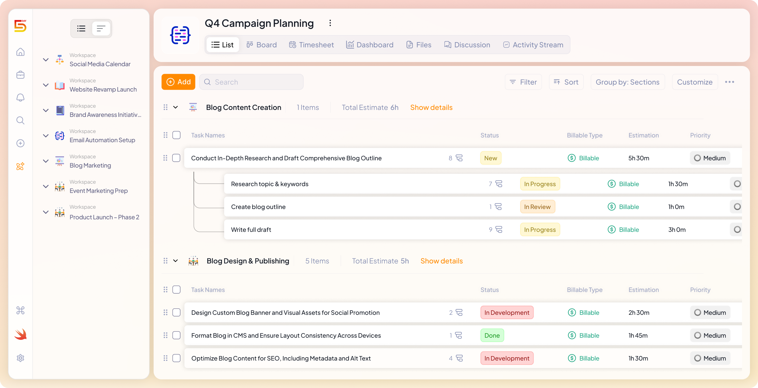 project structure in 5day.io