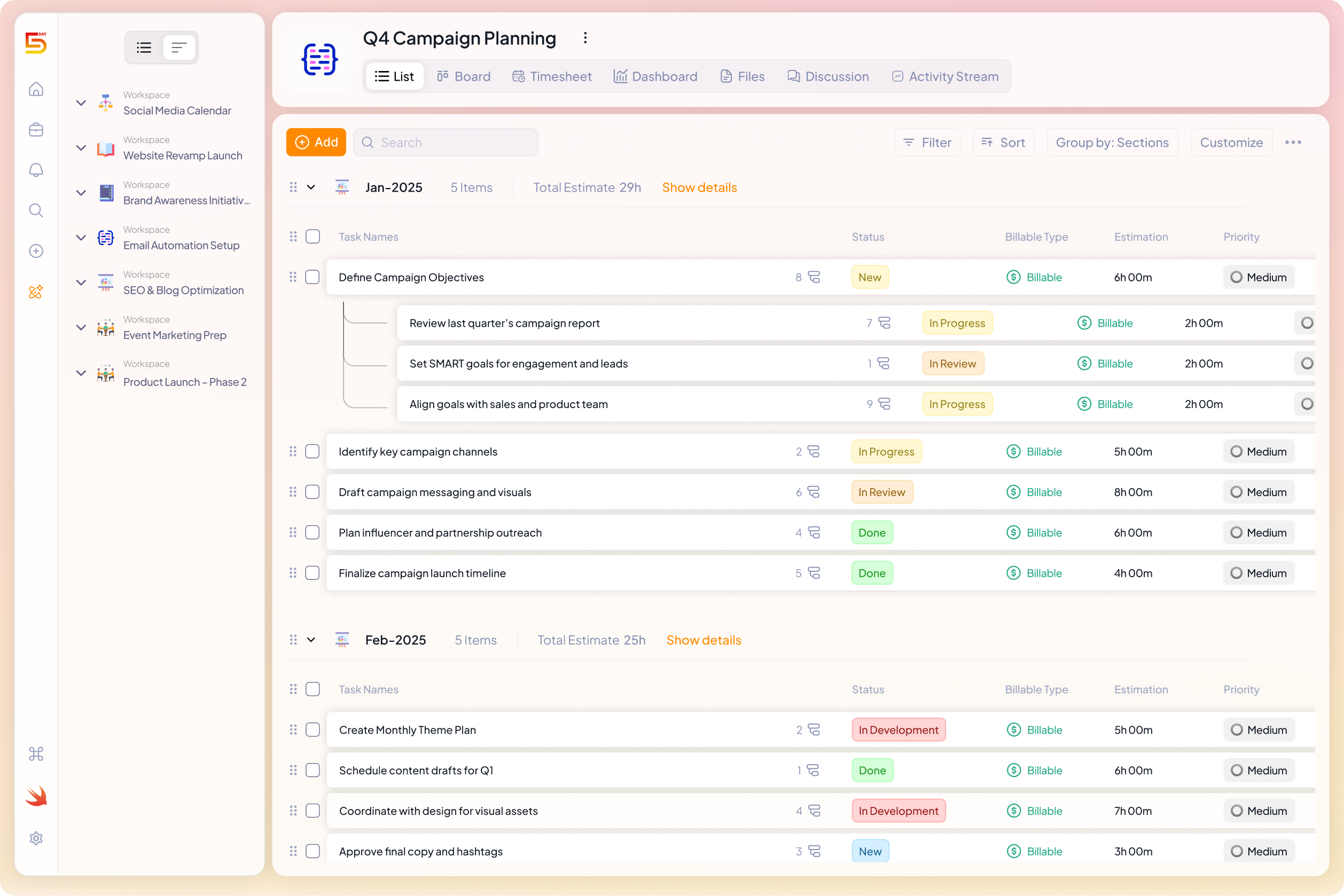 5day.io's Task management