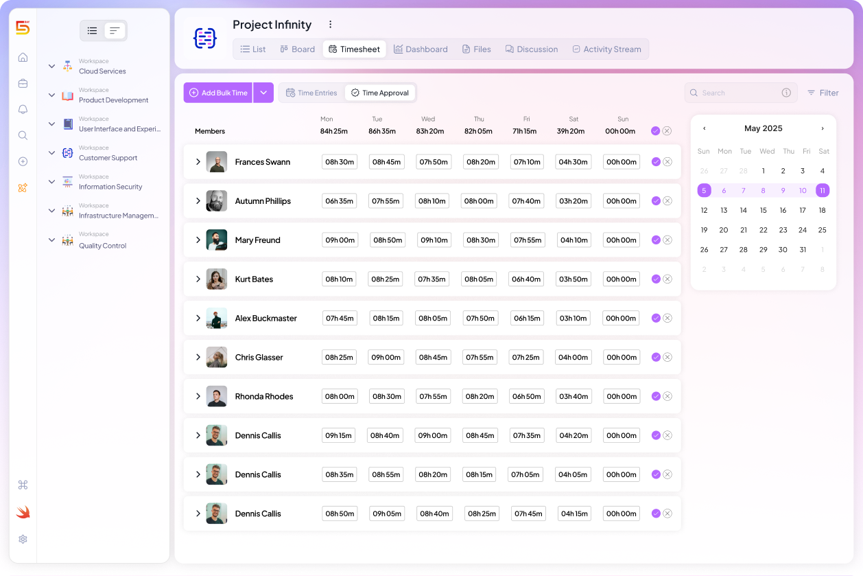 Timesheet approval screen in 5day.io