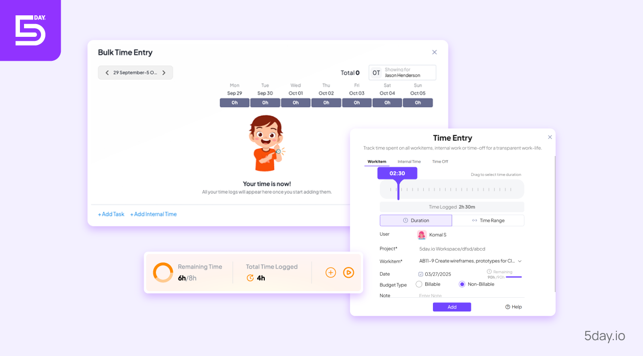 Top time tracking and timesheet features in 5day.io