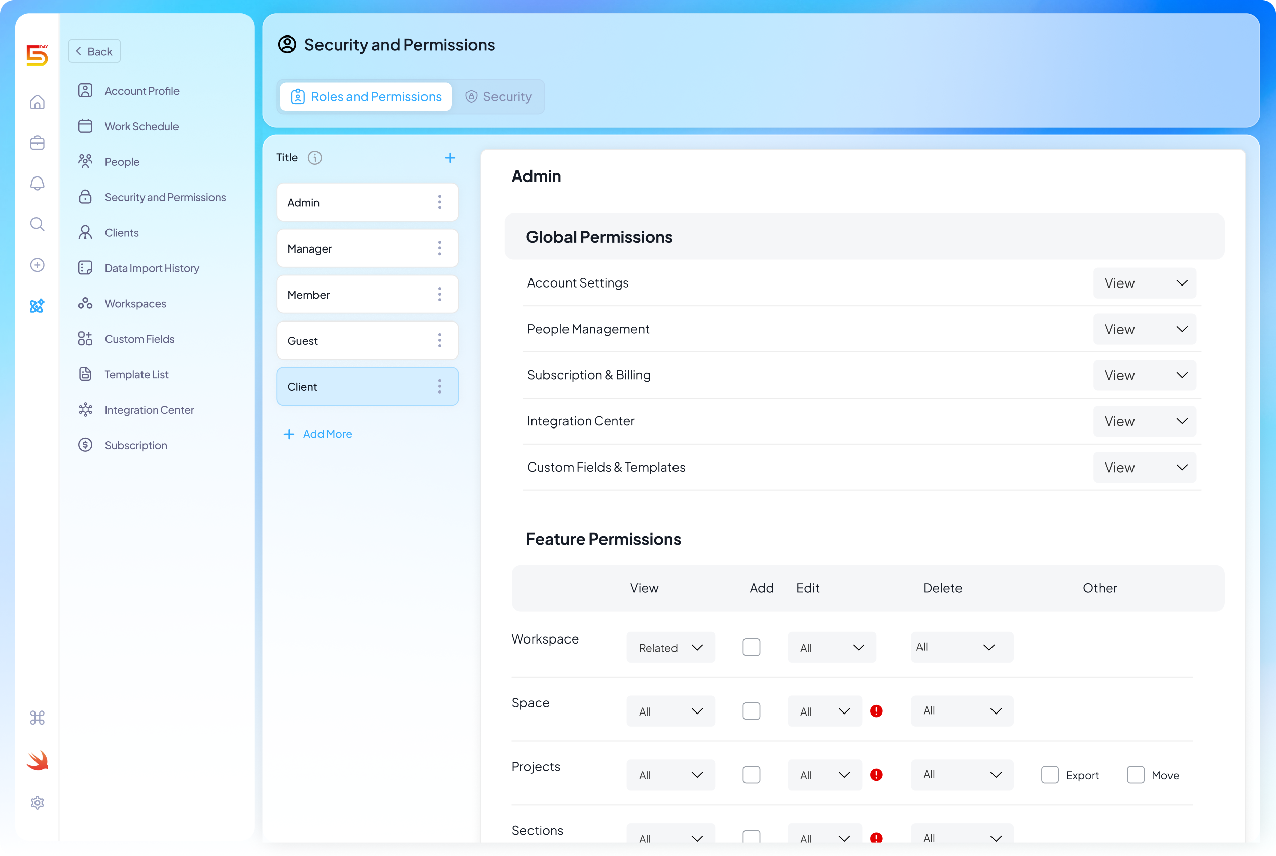 Roles and Permissions in 5day.io